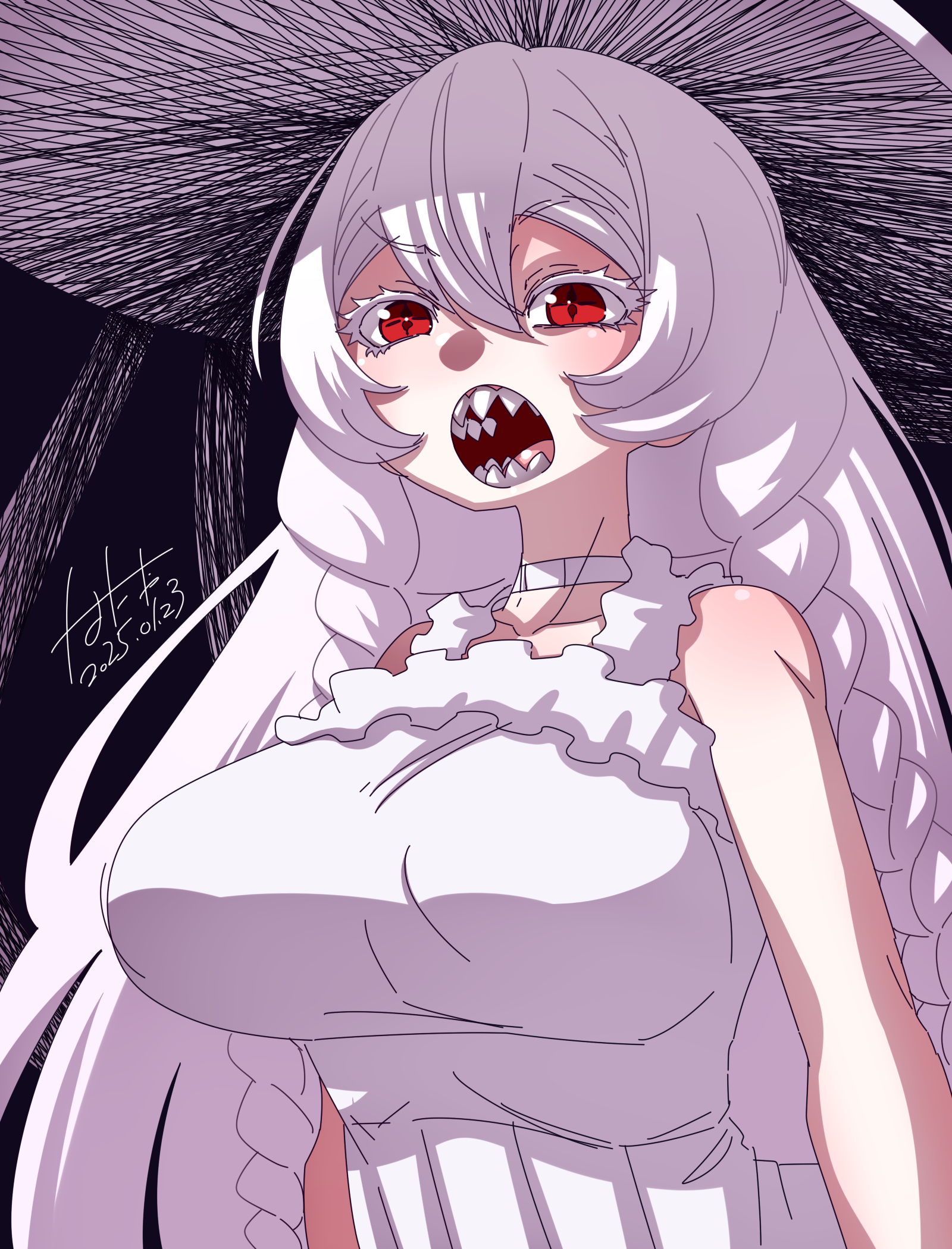 hanya (hanya yashiki), mandator (ziga), ziga, 1girl, braid, breasts, dress, hat, large breasts, long eyelashes, long hair, red eyes, sharp teeth, side braids, solo, sun hat, sundress, teeth, white hair