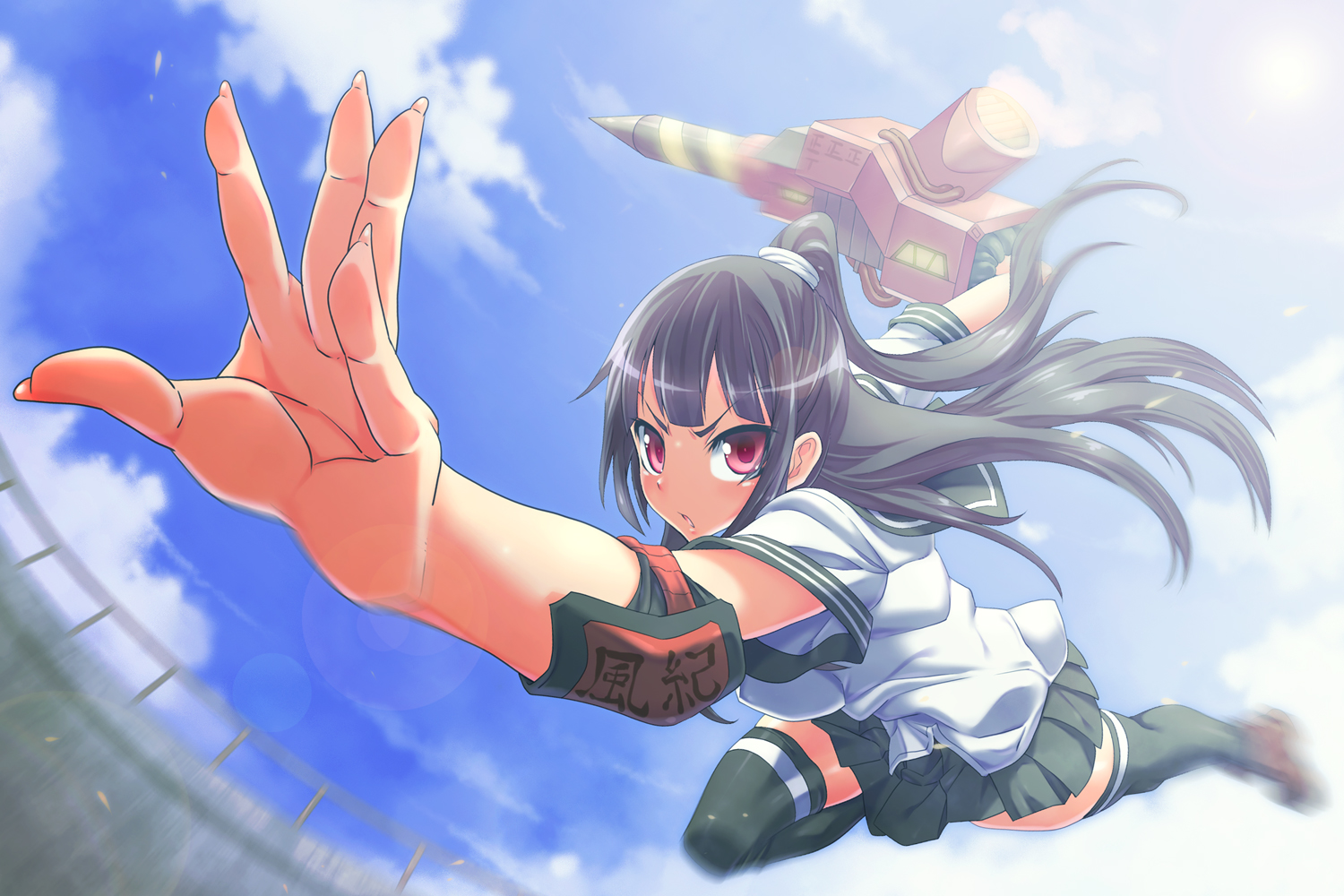 is ii, original, bad id, bad pixiv id, translation request, 1girl, black hair, day, female focus, foreshortening, long hair, motion blur, perspective, pile bunker, ponytail, red eyes, school uniform, serafuku, skirt, sky, solo, thighhighs, weapon