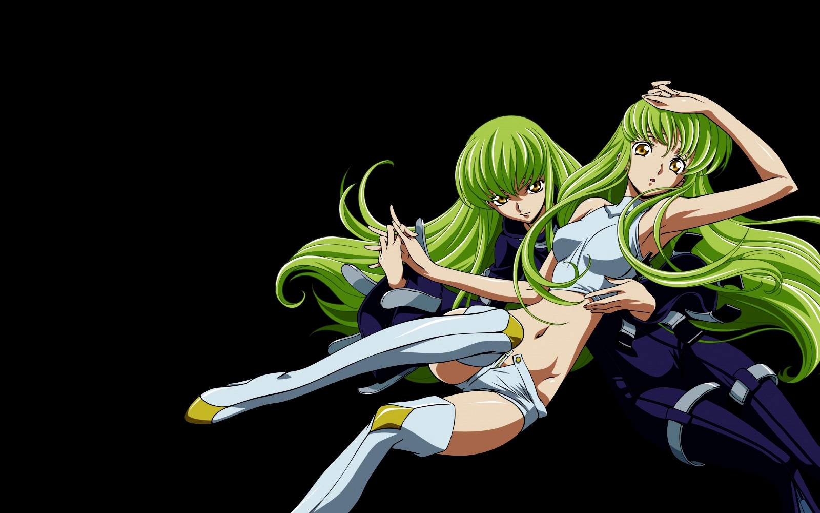 c.c., code geass, highres, 00s, 2girls, female focus, green hair, multiple girls, simple background, yellow eyes