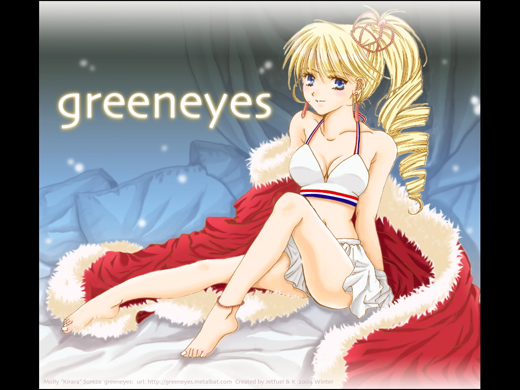 tagme, barefoot, blonde hair, blue eyes, dress, feet, green eyes, red dress
