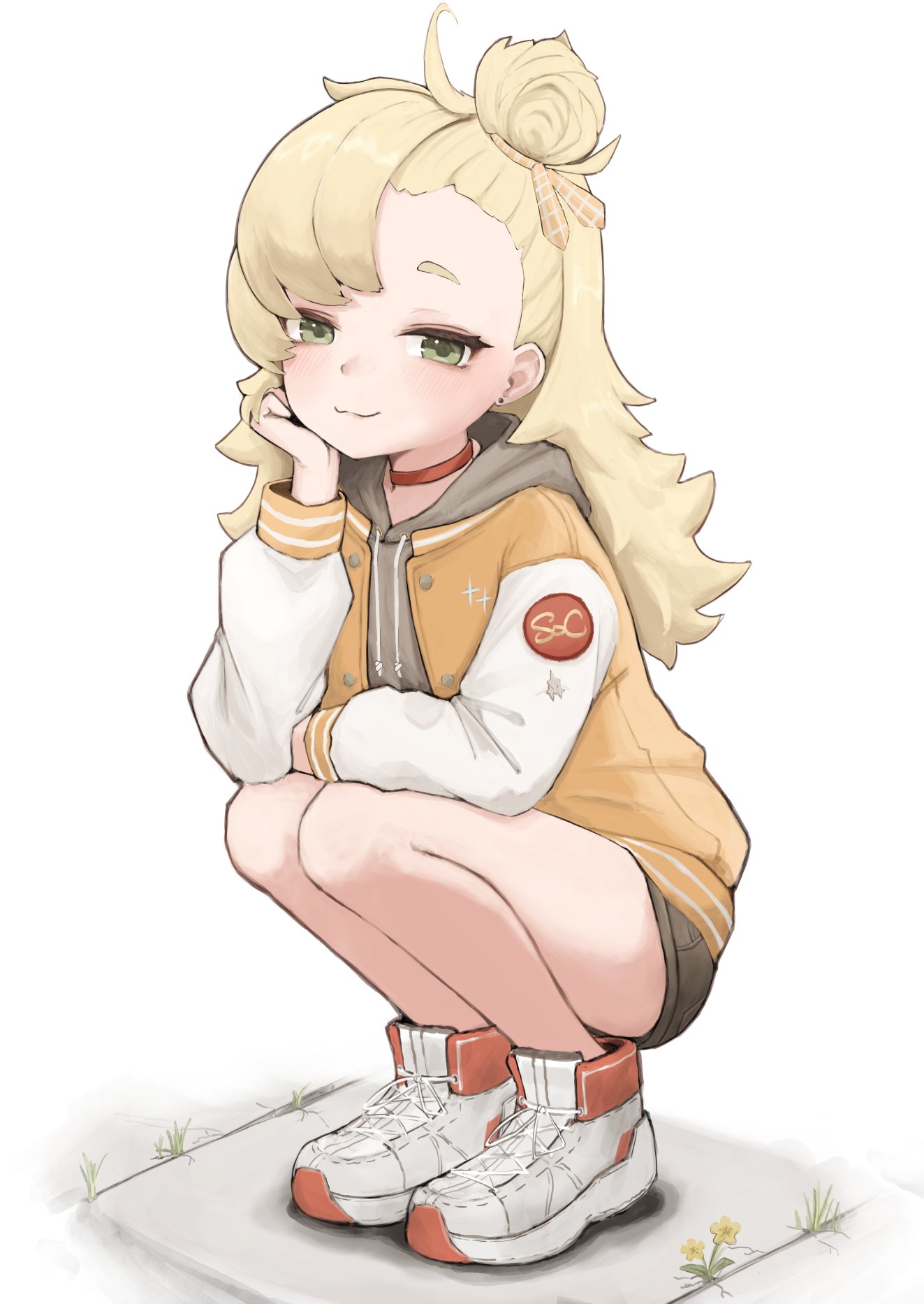 piper wheel, zenless zone zero, commentary, english commentary, highres, 1girl, arm on own leg, black shorts, blonde hair, blush, closed mouth, collar, earrings, flower, grey hoodie, hair ornament, hand on own chin, hood, hoodie, jacket, jewelry, legs together, long hair, looking at viewer, nullkurage, orange jacket, red collar, shoes, short eyebrows, shorts, smile, sneakers, solo, squatting, thick eyebrows, white background, white shoes, white sleeves, yellow flower