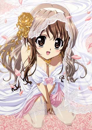 lowres, tagme, breasts, bridal veil, brown hair, flower, long hair, open mouth, veil