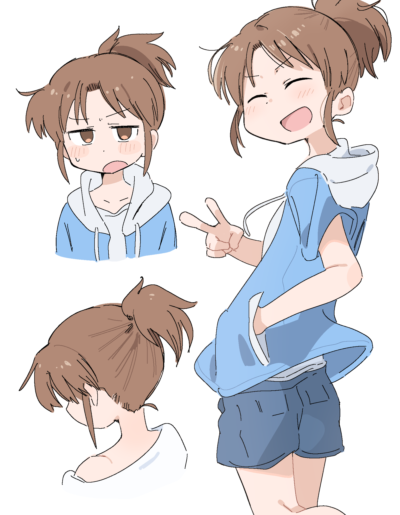wichimi, nagumo midori, city (arawi keiichi), highres, 1girl, blue hoodie, blue shorts, brown eyes, closed mouth, collarbone, dot nose, from behind, hand in pocket, hood, hood down, hoodie, jitome, looking at viewer, medium hair, multiple views, off-shoulder shirt, off shoulder, open clothes, open hoodie, open mouth, ponytail, shirt, shorts, sidelocks, simple background, single bare shoulder, small sweatdrop, smile, v, white background, white shirt