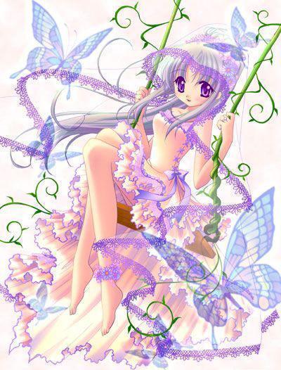 tagme, bug, butterfly, dress, long hair, purple eyes, purple hair, swing