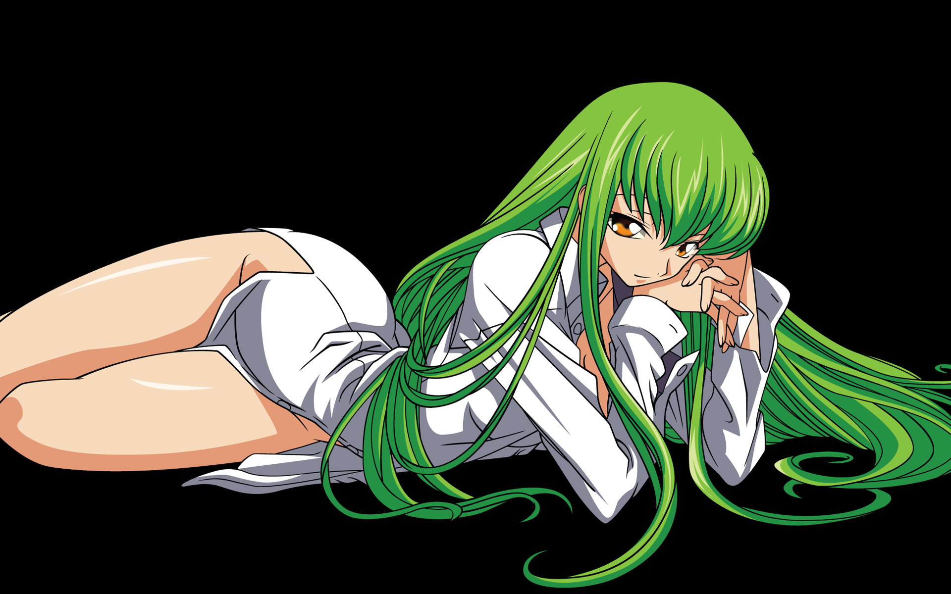 c.c., code geass, highres, 00s, 1girl, black background, female focus, green hair, legs, lying, simple background, solo, yellow eyes