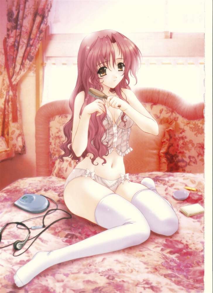 kimizuka aoi, original, suki da yo!, character request, scan, 1girl, bed, bedroom, breasts, brown eyes, brushing hair, brushing own hair, bustier, cd player, cd walkman, female focus, hair brush, headphones, indoors, lingerie, long hair, medium breasts, midriff, navel, no shoes, on bed, panties, red hair, sitting, solo, thighhighs, underwear, wariza, white thighhighs