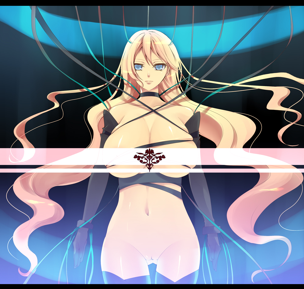 nicole pmonachi, pixiv, pixiv army, bad id, bad pixiv id, 1girl, blonde hair, blue eyes, breasts, censored, choker, cleft of venus, collarbone, empty eyes, female focus, groin, hip focus, huge breasts, letterboxed, long hair, looking at viewer, navel, nude, pussy, solo, standing, thigh gap, thighhighs, thighs, uncensored