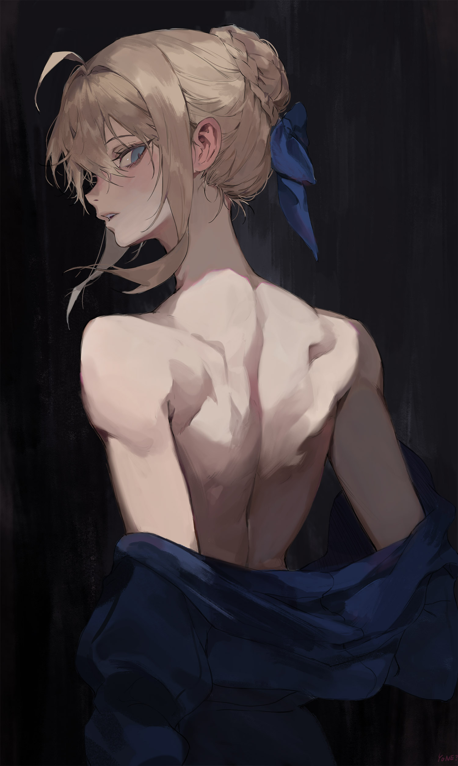 artoria pendragon (fate), fate/grand order, fate/stay night, fate (series), yone ? (yone fatesealed), absurdres, highres, blonde hair, blue ribbon, blue robe, braid, braided bun, bun with braided base, green eyes, hair bun, hair ribbon, jacket, ribbon, robe, topless female