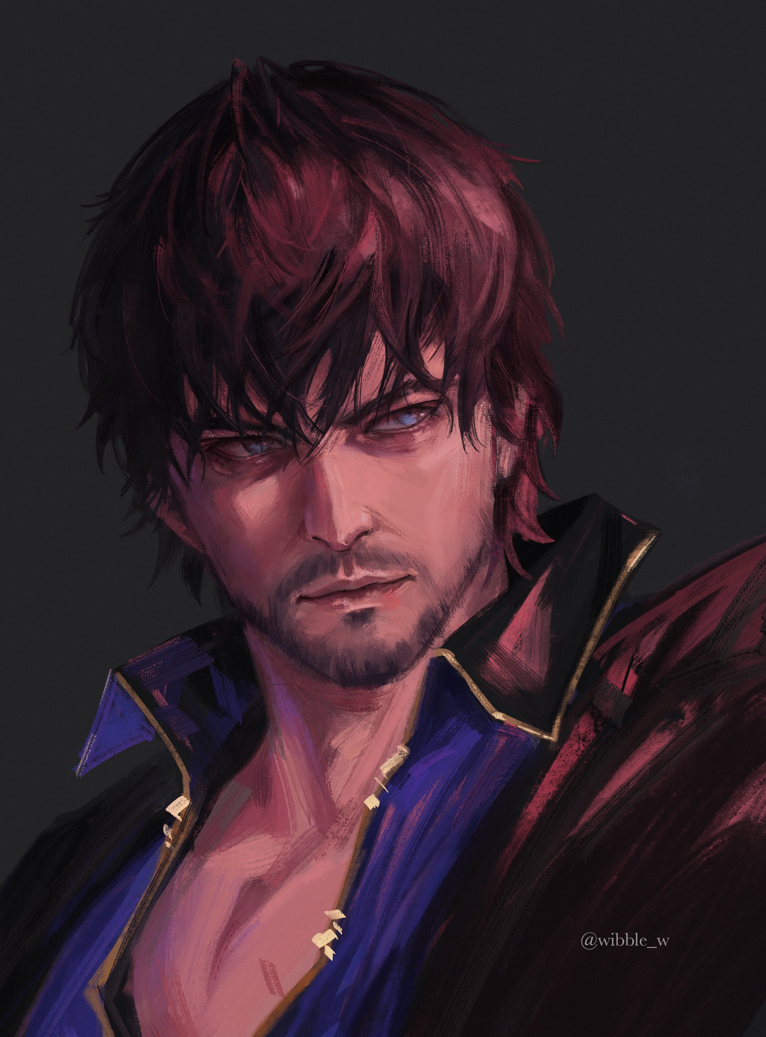 wibble w, barnabas tharmr, final fantasy, final fantasy xvi, absurdres, commentary, english commentary, highres, 1boy, black background, black jacket, blue eyes, blue shirt, brown hair, closed mouth, collared shirt, facial hair, jacket, lips, looking to the side, male focus, open collar, portrait, shirt, sideways glance, simple background, solo, twitter username, upper body