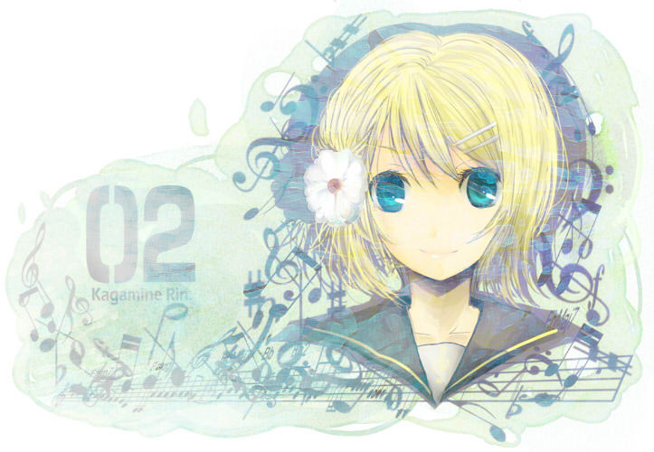 hoshitsuki (pixiv215601), mito (aring), kagamine rin, vocaloid, bad id, bad piapro id, blonde hair, blue eyes, flower, hair ornament, hairclip, hairpin, musical note, musical staff, short hair, solo