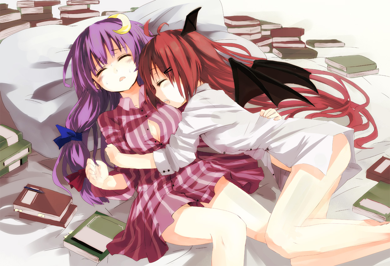 gotyou, koakuma, patchouli knowledge, embodiment of scarlet devil, touhou, bad id, bad pixiv id, 2girls, bed, book, bottomless, breasts, cleavage, crescent, crescent hair ornament, demon girl, fang, female focus, hair ornament, head wings, hug, large breasts, multiple girls, no pants, open clothes, open mouth, open shirt, pajamas, panties, pillow, shirt, sleeping, sleeves rolled up, sweat, underwear, wings, yuri