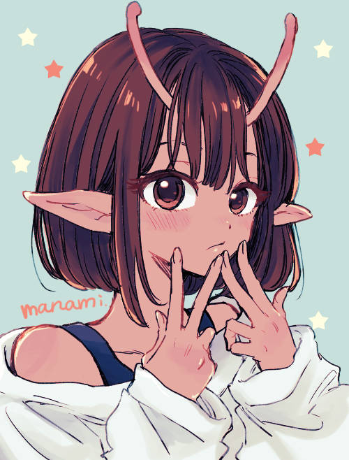 sugano manami, kujo chiharu, milky galactic universe, milky subway, commentary, hashtag-only commentary, 1girl, alien, antennae, artist name, blue tank top, blush, brown eyes, brown hair, closed mouth, collarbone, colored skin, double w, green background, hands up, long sleeves, looking at viewer, off shoulder, pink skin, pointy ears, short hair, sidelocks, signature, solo, star (symbol), star symbol background, sweater, tank top, upper body, w, white sweater