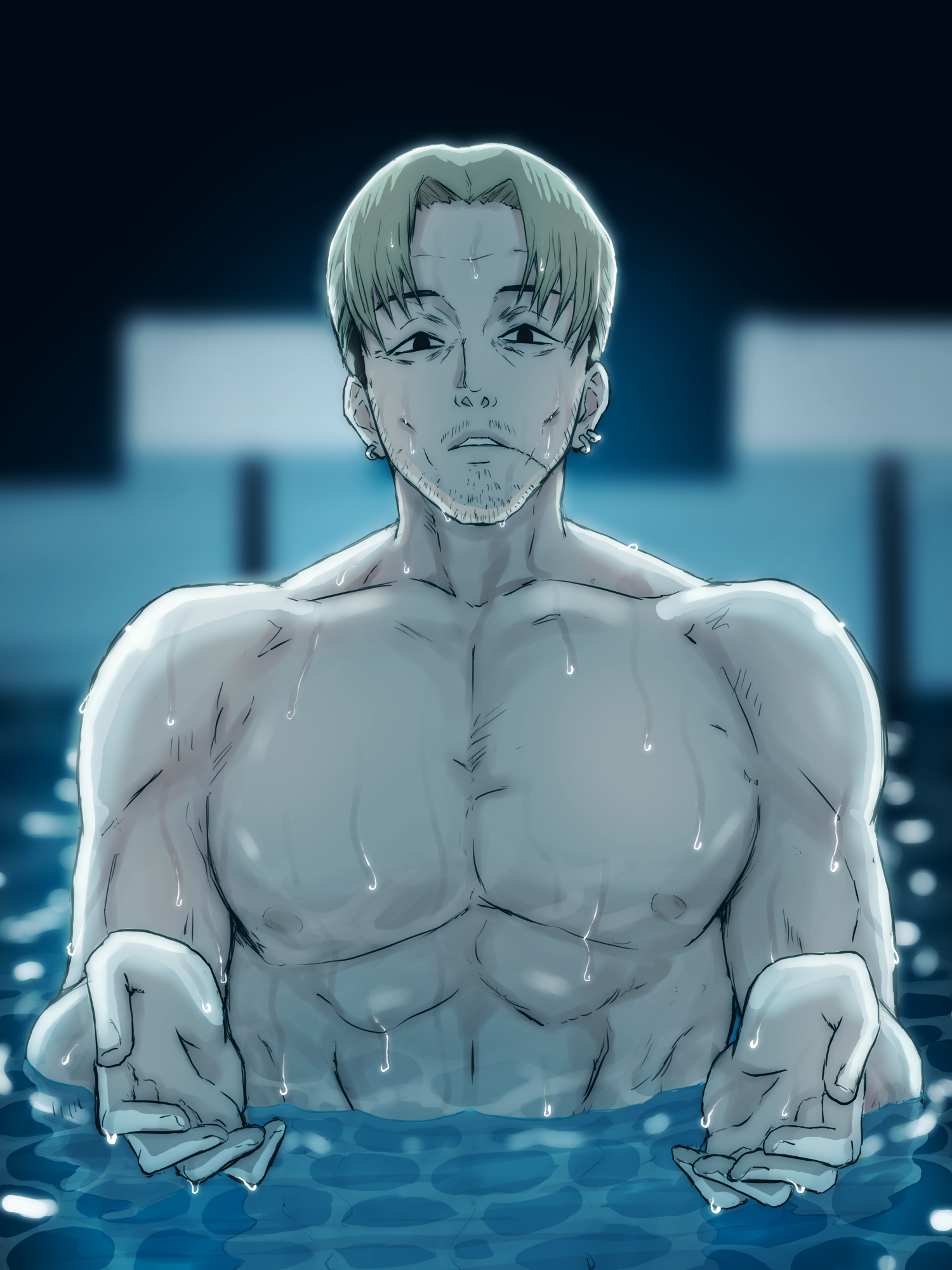 cutterhappa, kishibe (chainsaw man), chainsaw man, highres, 1boy, beard stubble, black eyes, blonde hair, facial hair, facial scar, i'll teach you everything (chainsaw man), male focus, muscular, muscular male, nipples, partially submerged, pectorals, scar, scar on cheek, scar on face, short hair, solo, stubble, very short hair, wet