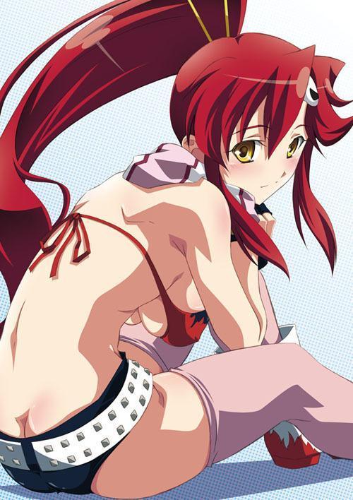 yoko littner, tengen toppa gurren lagann, 00s, 1girl, ass, belt, bikini, bikini top only, blush, boots, breasts, butt crack, female focus, long hair, ponytail, red hair, scarf, short shorts, shorts, solo, thighhighs, underboob, yellow eyes