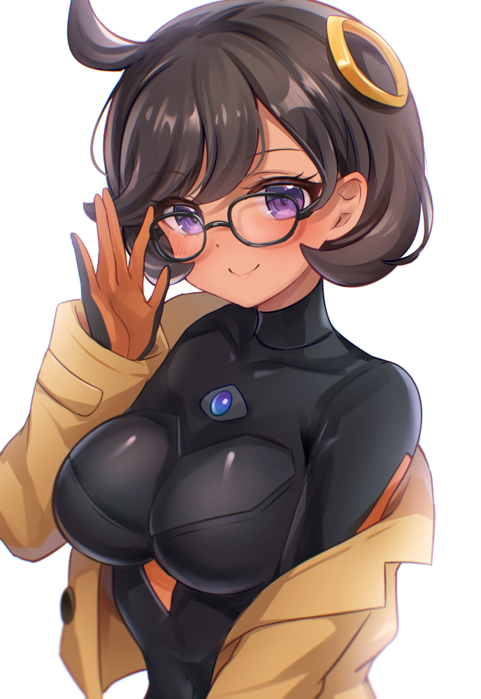 nikoo, emma (pokemon), nintendo, pokemon, pokemon legends: z-a, commentary request, 1girl, bespectacled, black-framed eyewear, black bodysuit, black gloves, bodysuit, breasts, brown hair, coat, glasses, gloves, hair ornament, large breasts, looking at viewer, orange gloves, purple eyes, short hair, simple background, smile, solo, two-tone gloves, upper body, white background, yellow coat