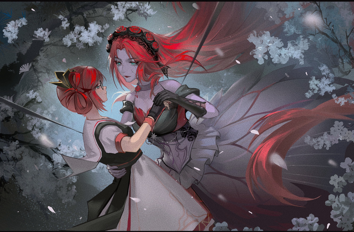 banshee (infinity nikki), nonoy (infinity nikki), infinity nikki, nikki (series), 2girls, absurdly long hair, aqua eyes, back ribbon, bare shoulders, black-framed eyewear, black border, black flower, black gloves, black hairband, black ribbon, black rose, black sleeves, black vest, border, cherry blossoms, choker, closed mouth, collarbone, colored skin, cowboy shot, cracked skin, cross-laced clothes, cross-laced gloves, detached sleeves, dress, eye contact, eyelashes, eyes visible through hair, falling petals, feet out of frame, fingerless gloves, floating clothes, floating hair, flower, flower dress, frilled dress, frills, glasses, gloves, gown, grey choker, grey dress, grey skin, hair flower, hair ornament, hair rings, hairband, hand on another's hip, holding hands, lace-trimmed hairband, lace trim, letterboxed, lipstick, long dress, long hair, looking at another, makeup, medium dress, moonlight, multiple girls, neck flower, neck ribbon, night, origami, outdoors, paper crane, petals, pleated dress, pointy nose, puffy short sleeves, puffy sleeves, red flower, red hair, red lips, red rose, ribbon, rose, round eyewear, sailor collar, short hair, short sleeves, single hair ring, sleeveless, sleeveless dress, tree, very long hair, vest, watermark, wavy hair, white dress, white flower, white ribbon, white sailor collar, wristband, youyutiao, yuri