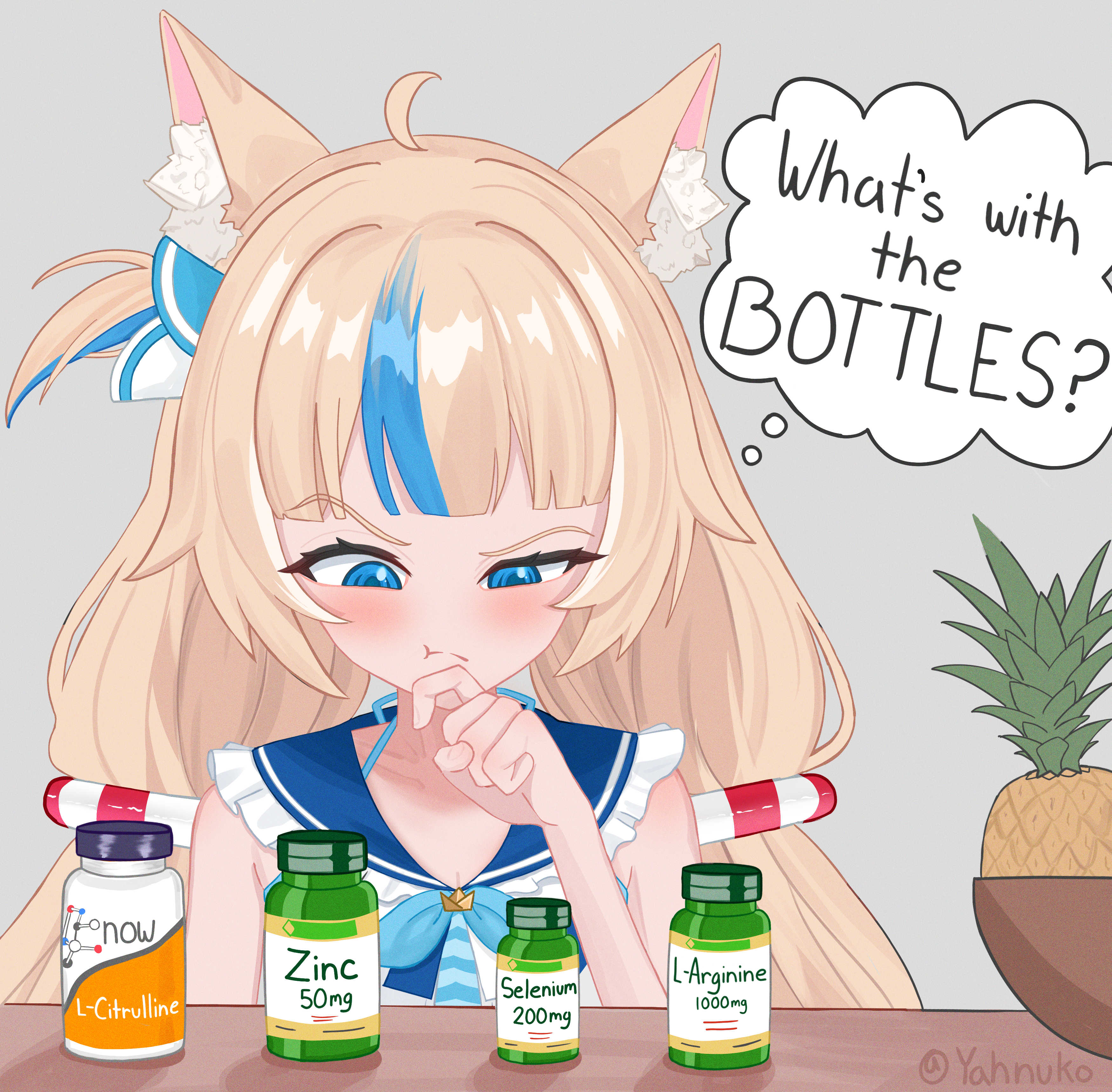 yahnuko, sameko saba, indie virtual youtuber, absurdres, commentary, english commentary, highres, 1girl, :/, :t, animal ears, artist name, blonde hair, blue eyes, blue hair, cat ears, dress, english text, fish girl, food, frilled sailor collar, frills, fruit, hand up, lifebuoy hair ornament, long hair, looking down, low twintails, multicolored hair, one side up, pineapple, plastic bottle, raised eyebrow, sailor collar, speech bubble, streaked hair, thought bubble, twintails, twitter username, upper body, very long hair, virtual youtuber, white dress