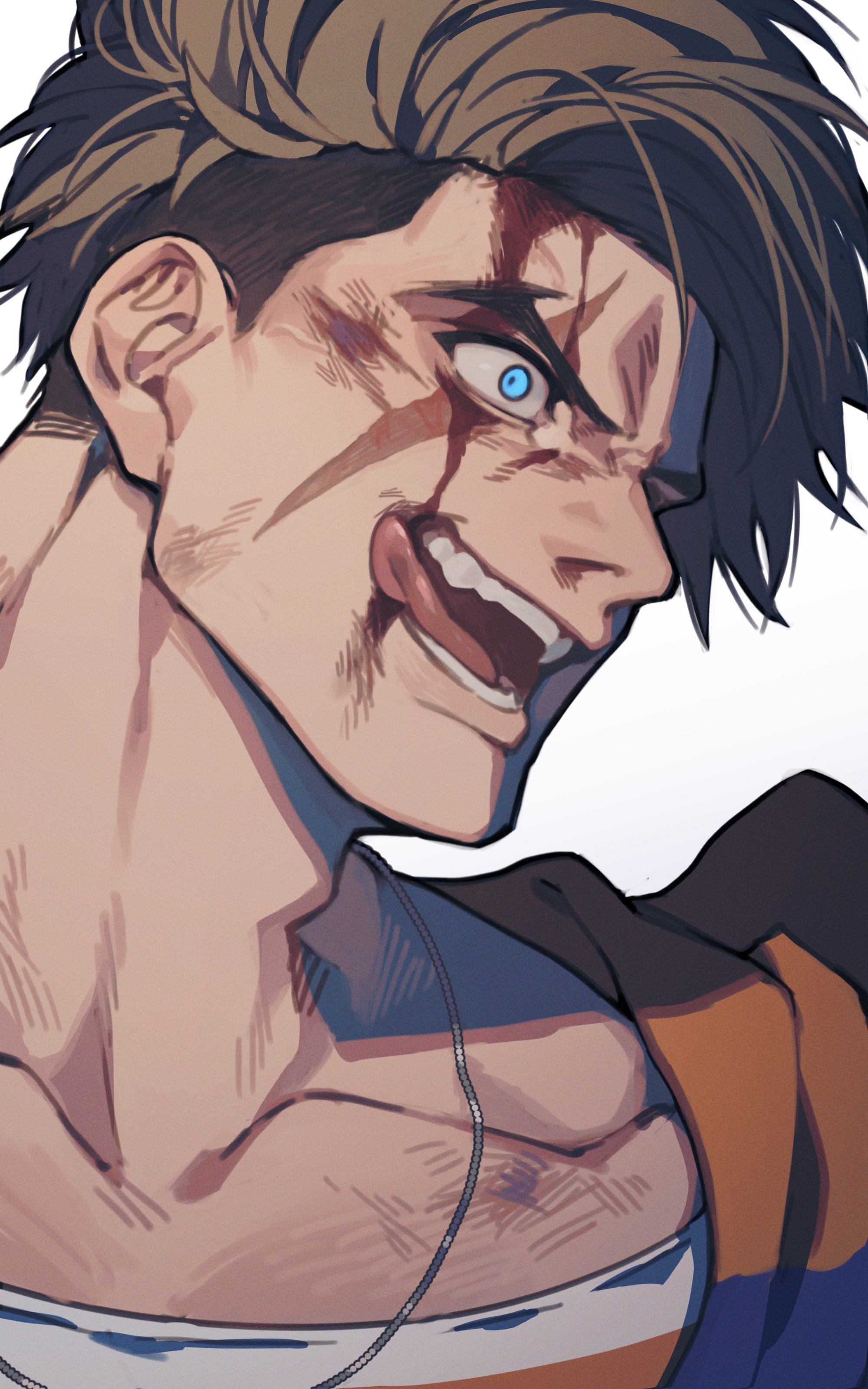 prat rat, luke sullivan, street fighter, street fighter 6, absurdres, commentary request, highres, 1boy, adam's apple, black hair, blood, blood on face, blue eyes, brown hair, bruise, crew neck, forked eyebrows, injury, jewelry, licking blood, male focus, multicolored hair, necklace, portrait, scar, scar across eye, scar on face, shirt, short sideburns, simple background, solo, teeth, tongue, tongue out, two-tone hair, white background, wide-eyed