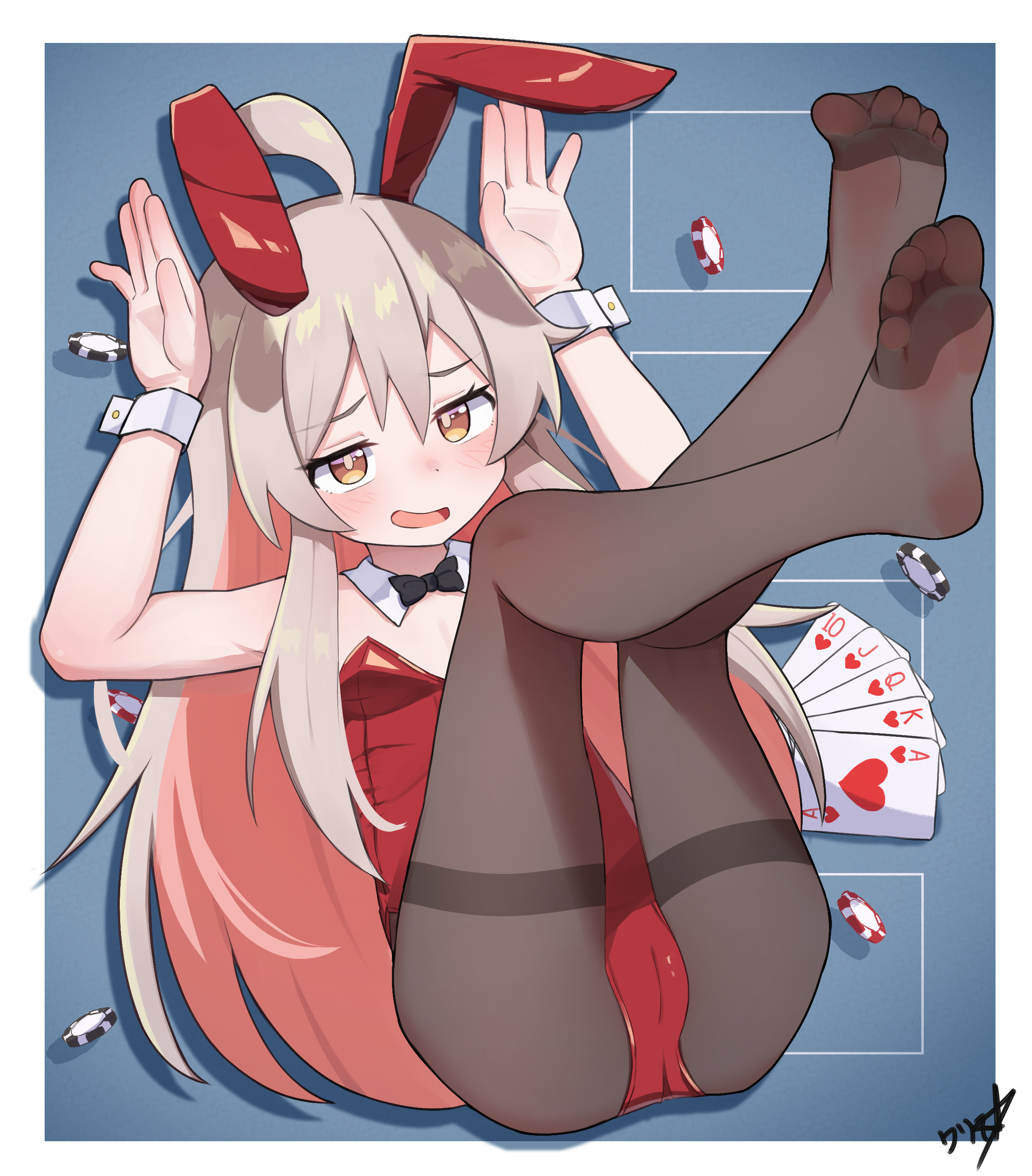 boppin, oyama mahiro, onii-chan wa oshimai!, absurdres, commentary, commission, highres, paid reward available, 1girl, ace (playing card), ace of hearts, ahoge, animal ears, black bow, black bowtie, black pantyhose, bow, bowtie, breasts, brown eyes, cameltoe, card, colored inner hair, detached collar, fake animal ears, feet, grey hair, hands up, heart, jack (playing card), jack of hearts, king (playing card), king of hearts (playing card), legs up, leotard, loli, long hair, looking at viewer, lying, multicolored hair, no shoes, on back, open mouth, pantyhose, pink hair, playboy bunny, playing card, poker chip, queen (playing card), queen of hearts (playing card), rabbit ears, rabbit pose, red leotard, royal flush, signature, small breasts, soles, solo, strapless, strapless leotard, ten of hearts, thighband pantyhose, toes, two-tone hair, white wrist cuffs, wrist cuffs