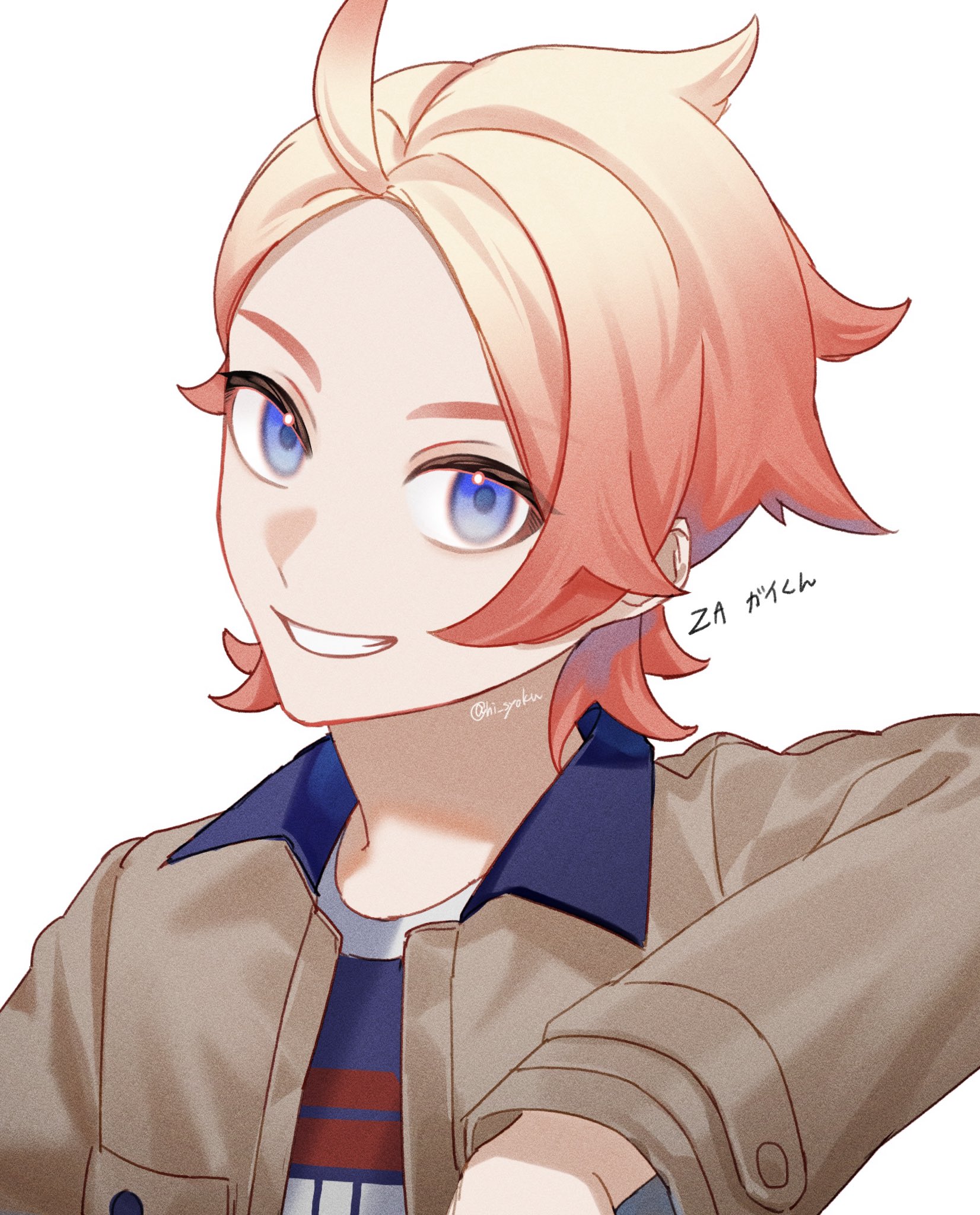 w@i, urbain (pokemon), nintendo, pokemon, pokemon legends: z-a, commentary request, highres, 1boy, blonde hair, blue eyes, brown jacket, collared jacket, crew neck, elbow rest, gradient hair, grin, jacket, long sleeves, male focus, multicolored hair, open clothes, open jacket, parted bangs, pink hair, print shirt, shirt, short hair, simple background, smile, solo, teeth, upper body, white background