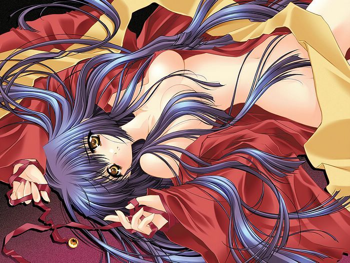 1girl, bare shoulders, bell, black background, blue hair, blush, bottomless, breasts, collarbone, convenient censoring, female focus, gradient background, hair between eyes, hair censor, hair over breasts, hair spread out, japanese clothes, jingle bell, kimono, long hair, long sleeves, looking at viewer, lying, medium breasts, naked kimono, navel, no bra, no panties, nude, off shoulder, on back, on floor, open clothes, open kimono, open robe, purple background, red kimono, red ribbon, red robe, ribbon, robe, sash, solo, upside-down, very long hair, wide sleeves, yellow eyes, yellow sash