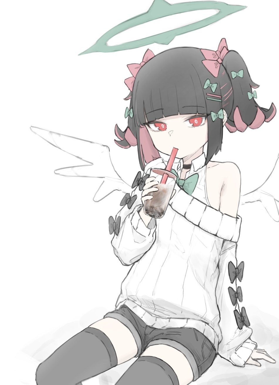 flying nimbus, rokudu sariel, zenless zone zero, commentary, english commentary, highres, 1girl, black bow, black hair, black shorts, black thighhighs, bow, bubble tea, choker, colored inner hair, drink, drinking, drinking straw, green bow, hair bow, hair ornament, hairclip, holding, holding drink, looking at viewer, multicolored hair, multiple hair bows, multiple hair clips, nullkurage, off-shoulder sweater, off shoulder, pink bow, red eyes, shirt, short twintails, shorts, single bare shoulder, sitting, sleeveless, sleeveless shirt, solo, sweater, thighhighs, twintails, white background, white shirt, white sweater, white wings, wings