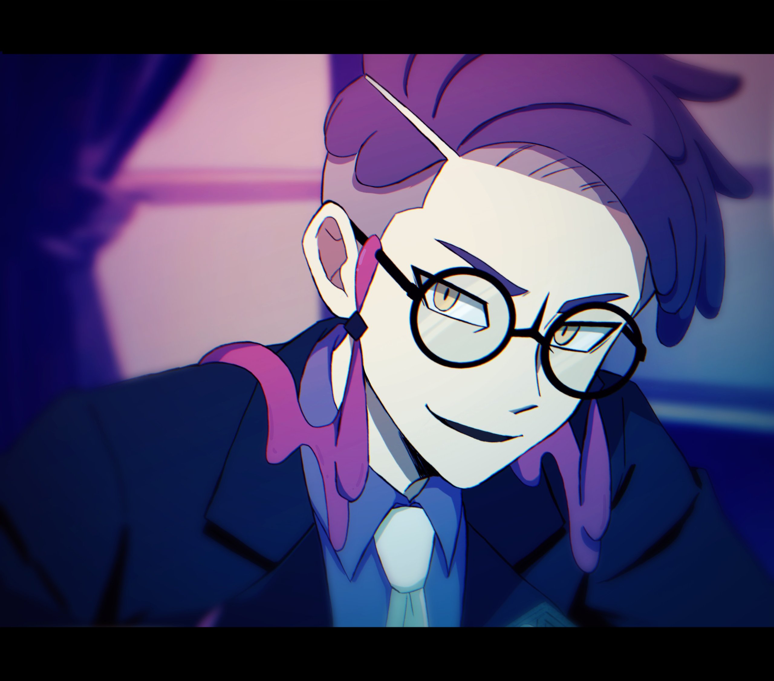 kiriya black, corbeau (pokemon), nintendo, pokemon, pokemon legends: z-a, highres, 1boy, black-framed eyewear, black jacket, blue shirt, blurry, blurry background, glasses, jacket, letterboxed, looking at viewer, male focus, necktie, parted lips, purple hair, round eyewear, shirt, short hair, slit pupils, solo, undercut, upper body, white necktie