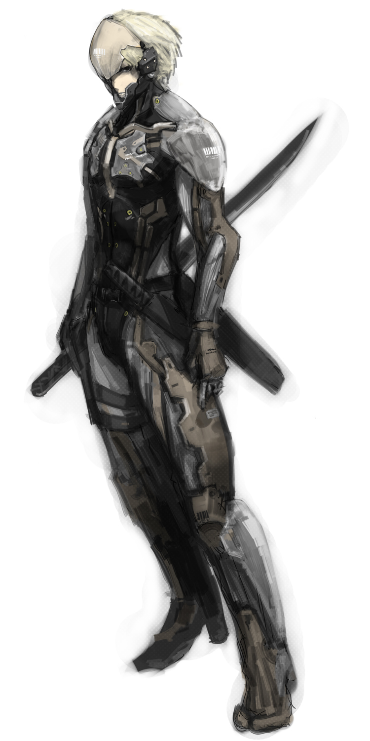 raiden (metal gear), metal gear (series), metal gear solid 4: guns of the patriots, highres, 1boy, cyborg, grey hair, helmet, male focus, solo, sword, weapon