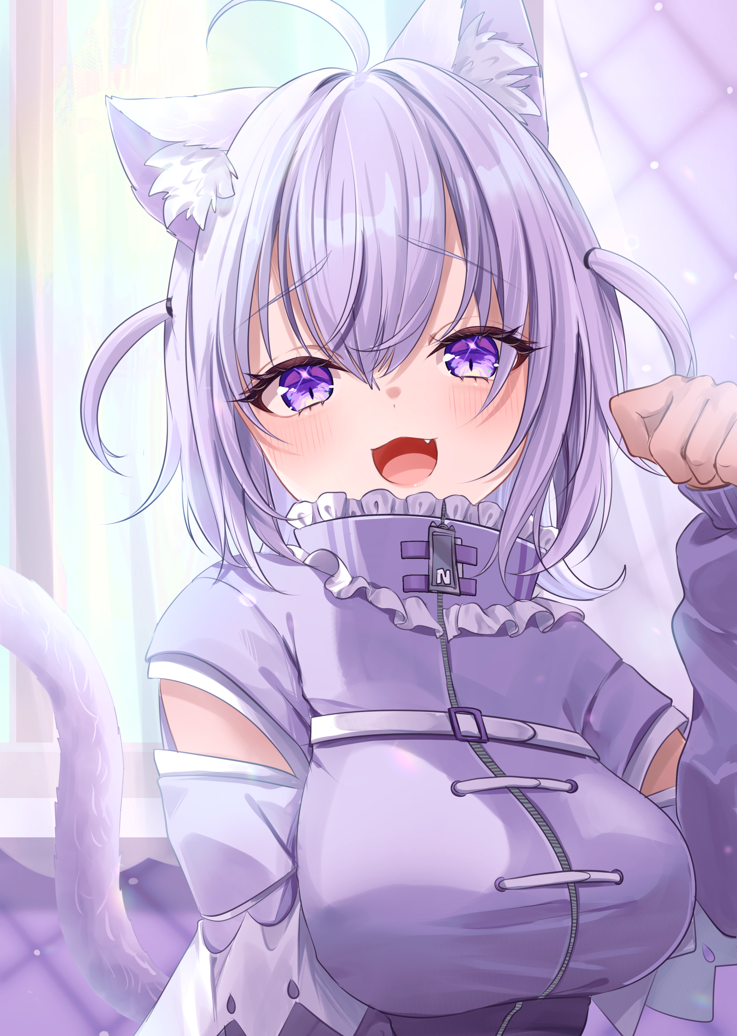 shagaihi, nekomata okayu, nekomata okayu (membership), hololive, absurdres, highres, 1girl, :3, :d, ahoge, animal ears, blush, cat ears, cat girl, cat tail, fang, jacket, looking at viewer, medium hair, official alternate costume, official alternate hairstyle, open mouth, paw pose, purple eyes, purple hair, purple jacket, smile, solo, tail, two side up, virtual youtuber