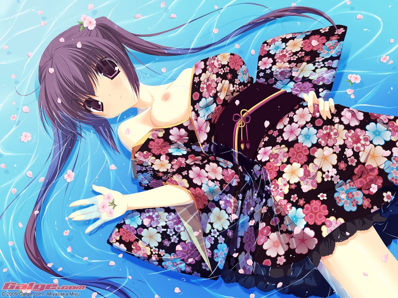 miyasaka miyu, galge.com, 1girl, 2009, bare shoulders, breast slip, breasts, clothes pull, female focus, flower, japanese clothes, kimono, long hair, lying, medium breasts, nipples, one breast out, petals, purple eyes, purple hair, shirt pull, solo, twintails, water