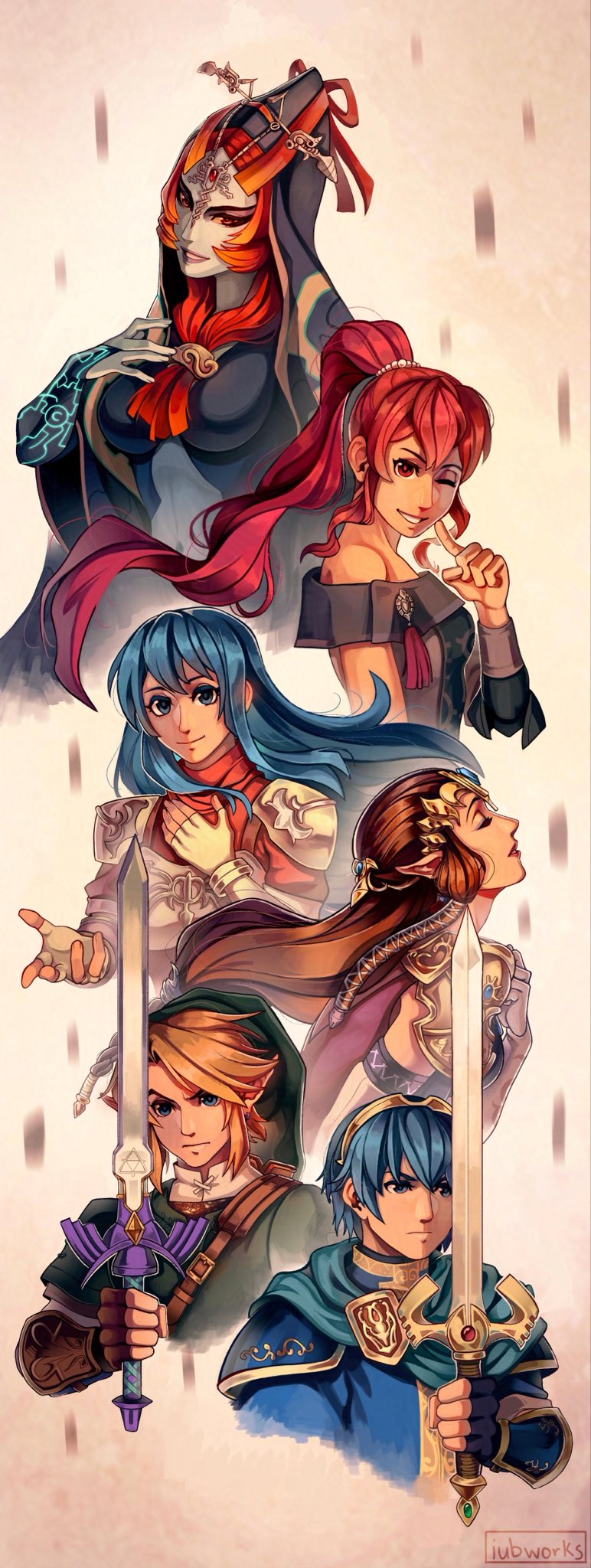 iubworks, anna (fire emblem), caeda (fire emblem), link, marth (fire emblem), midna, midna (true), fire emblem, fire emblem: mystery of the emblem, fire emblem: shadow dragon and the blade of light, nintendo, the legend of zelda, the legend of zelda: twilight princess, highres, 2boys, 4girls, armor, bare shoulders, black gloves, black skin, blonde hair, blue cape, blue eyes, blue hair, blue skin, blue tunic, breastplate, breasts, brown gloves, cape, closed mouth, colored sclera, colored skin, crossover, dress, earrings, elbow gloves, eyeshadow, fingerless gloves, front ponytail, gloves, green tunic, hair between eyes, hair ornament, hat, holding, holding sword, holding weapon, hood, jewelry, large breasts, long hair, looking at viewer, makeup, master sword, medium breasts, multicolored skin, multiple boys, multiple girls, one eye closed, open mouth, orange hair, pointy ears, ponytail, purple eyeshadow, purple lips, red eyes, red hair, red tunic, shirt, short hair, shoulder armor, sidelocks, smile, sword, tiara, tunic, two-tone skin, weapon, yellow sclera