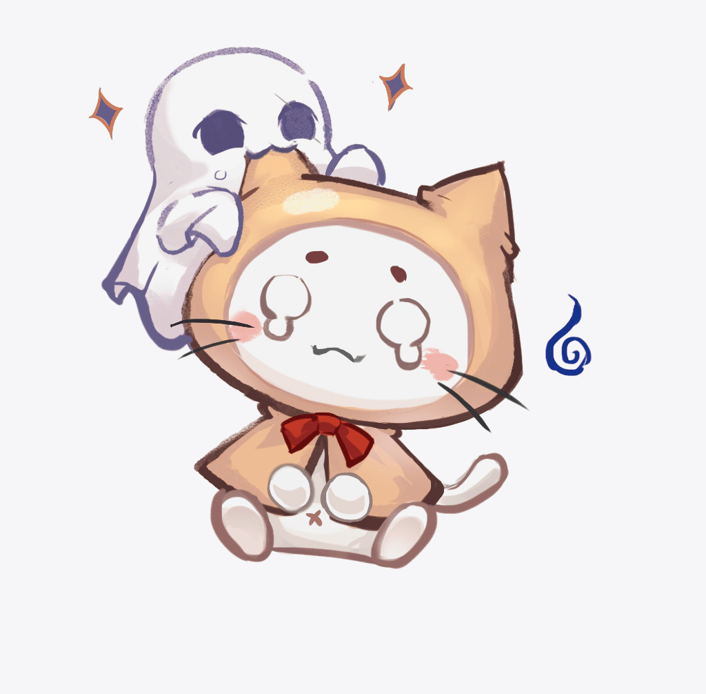 momo (nikki), infinity nikki, nikki (series), biting ear, chinese commentary, commentary request, :3, animal, animal focus, biting, blush stickers, bow, bowtie, cat, cloak, closed mouth, clothed animal, ear covers, ghost, hitodama, hood, hood up, hooded cloak, no humans, o o, red bow, red bowtie, scared, simple background, sitting, smile, solo, sparkle, straight-on, tearing up, whiskers, white background, white cat, yellow cloak, youyutiao