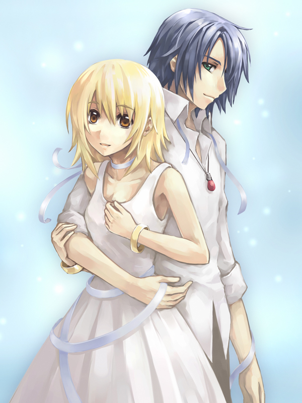phi (melon-pan), athrun zala, cagalli yula athha, gundam, gundam seed, 00s, 1boy, 1girl, blonde hair, blue hair, bracelet, brown eyes, couple, dress, green eyes, hetero, hug, hug from behind, jewelry, pendant