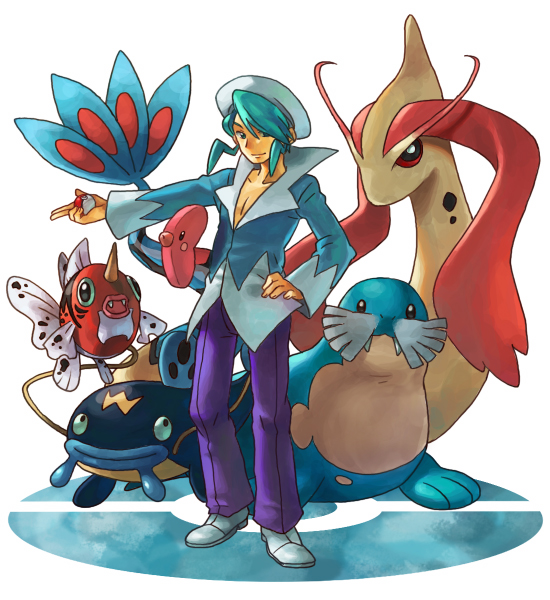 enu (spinal), luvdisc, milotic, seaking, sealeo, wallace (pokemon), whiscash, nintendo, pokemon, pokemon rse, bad id, bad pixiv id, 00s, 1boy, aqua hair, blue hair, fish, gen 1 pokemon, gen 3 pokemon, gym leader, hand on own hip, hat, hip focus, holding, holding poke ball, male focus, poke ball, pokemon (creature), smile, walrus