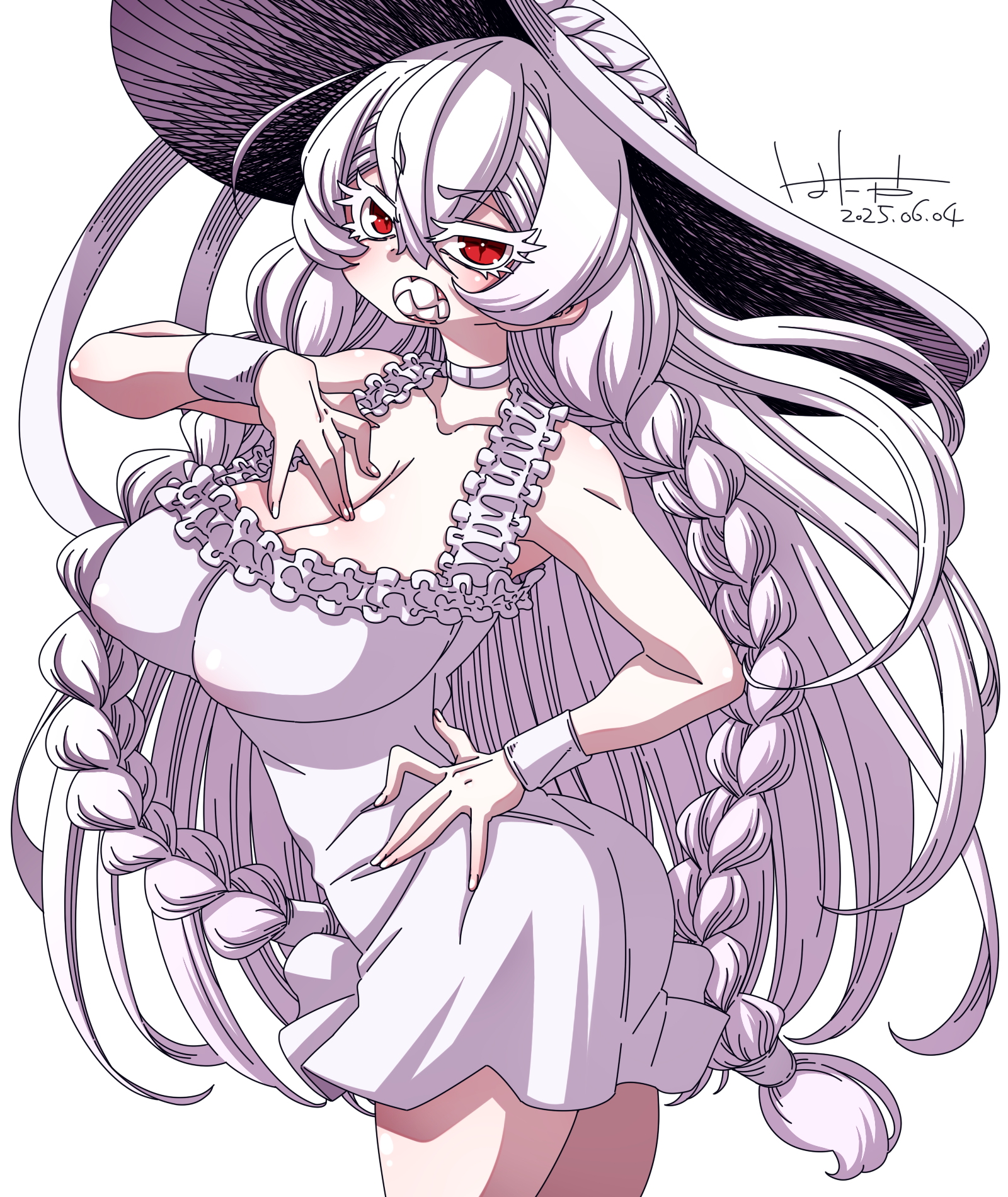 hanya (hanya yashiki), mandator (ziga), ziga, highres, 1girl, braid, breasts, dress, hat, large breasts, long hair, red eyes, sharp teeth, side braids, solo, sun hat, sundress, teeth, thick eyelashes, white hair