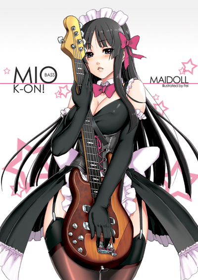 fei (maidoll), akiyama mio, k-on!, bass guitar, black hair, blunt bangs, blush, breasts, cleavage, elbow gloves, garter belt, gloves, guitar, hime cut, instrument, long hair, maid, pantyhose, solo