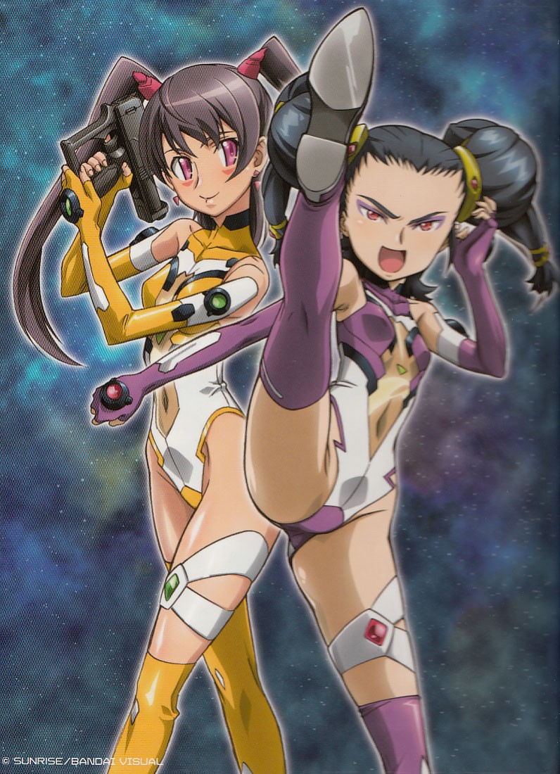 bougainvillea, mintao, sora wo kakeru shoujo, official art, source request, 2girls, bodysuit, flexible, groin, kicking, multiple girls, standing, standing on one leg