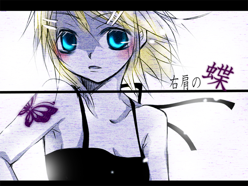 ousa, kagamine rin, migikata no chou (vocaloid), vocaloid, aqua eyes, bare shoulders, blonde hair, bug, butterfly, camisole, dress, hair ornament, hairclip, hairpin, insect, solo, spaghetti strap