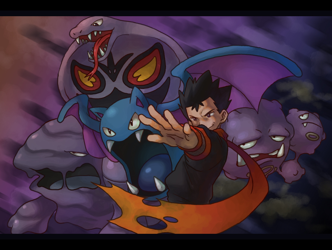 enu (spinal), arbok, golbat, koga (pokemon), muk, weezing, nintendo, pokemon, pokemon adventures, bad id, bad pixiv id, 1boy, gen 1 pokemon, gym leader, male focus, ninja, pokemon (creature), scarf