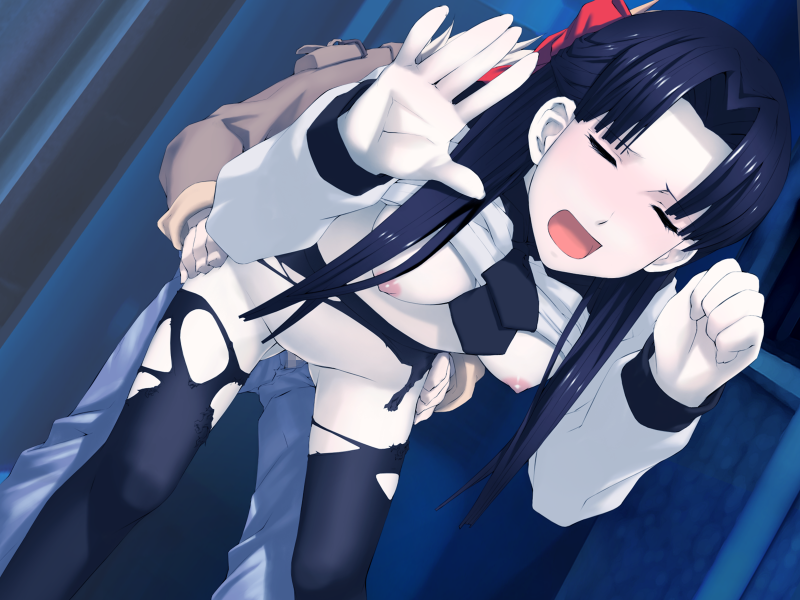 takano kou, kadokura aya, you katana jiken, youtou jiken, torn legwear, game cg, 1boy, 1girl, bent over, black hair, blush, breasts, censored, closed eyes, clothes lift, doggystyle, from behind, hetero, mosaic censoring, nipples, open mouth, pantyhose, ribbon, sex, sex from behind, shirt lift, solo focus, torn clothes, vaginal