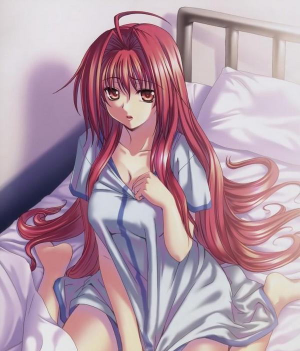 shinkyoku soukai polyphonica, tagme, 00s, bed, long hair, pillow, red eyes, red hair, sitting, thighhighs