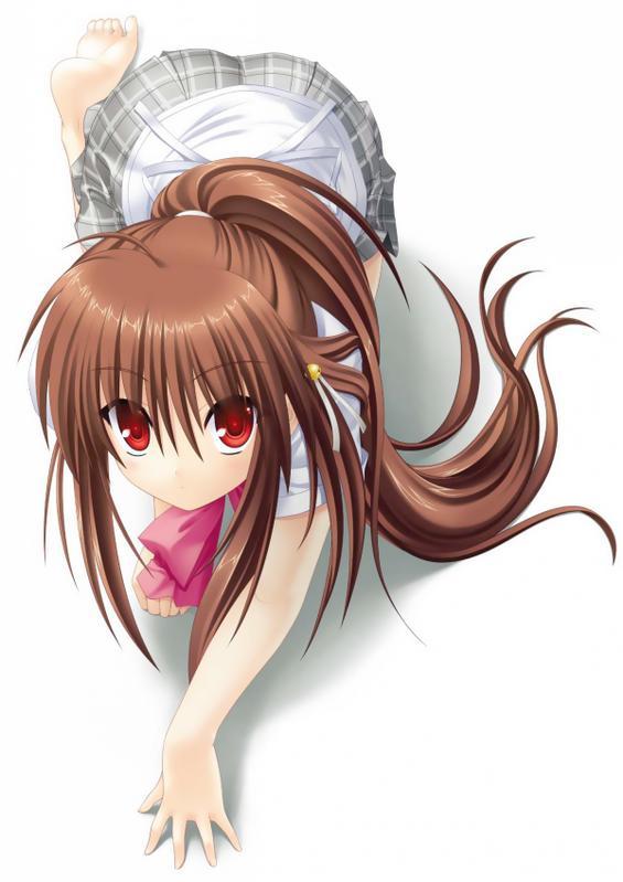 na-ga, natsume rin, little busters!, tagme, 1girl, all fours, barefoot, bow, brown hair, crawling, feet, female focus, long hair, looking at viewer, red eyes, skirt, solo