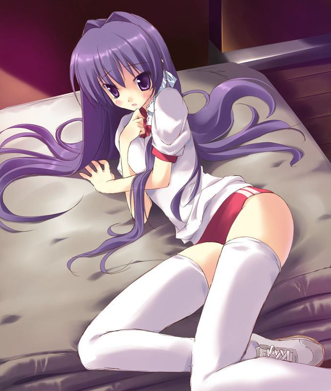 tsurusaki takahiro, fujibayashi kyou, clannad, 00s, 1girl, buruma, female focus, gym storeroom, long hair, lying, purple eyes, purple hair, ribbon, shy, solo, thighhighs