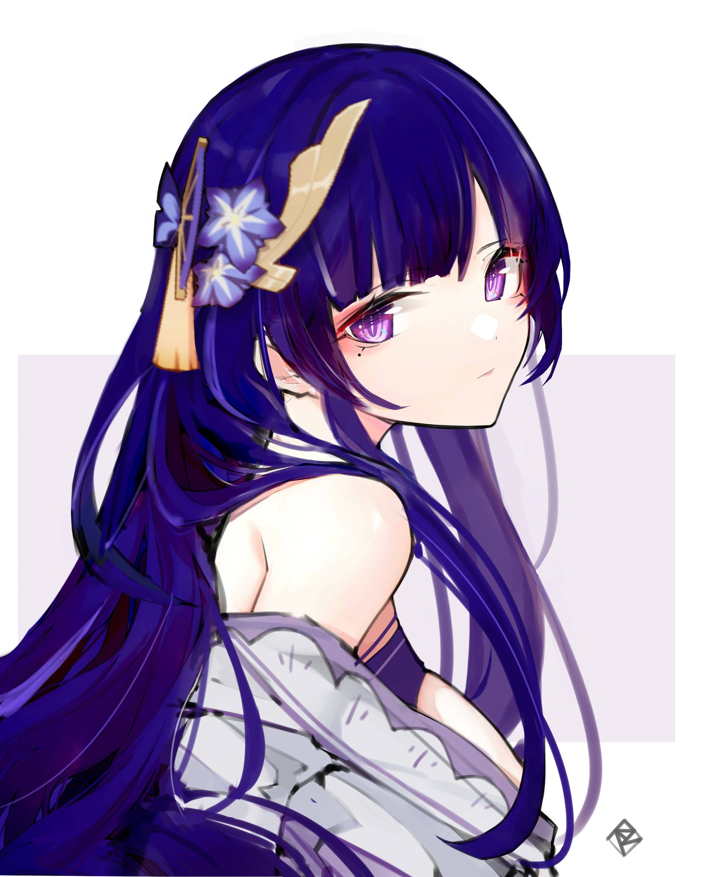 error1980, raiden shogun, genshin impact, absurdres, commentary, highres, 1girl, bare shoulders, blue hair, blunt bangs, breasts, closed mouth, expressionless, flower, hair flower, hair ornament, hairclip, japanese clothes, kimono, long hair, looking to the side, mole, mole under eye, multicolored hair, off shoulder, purple eyes, purple hair, simple background, solo, streaked hair, tassel, two-tone hair, upper body, white background