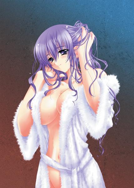 bathrobe, breasts, navel, nude, purple eyes, purple hair, smile