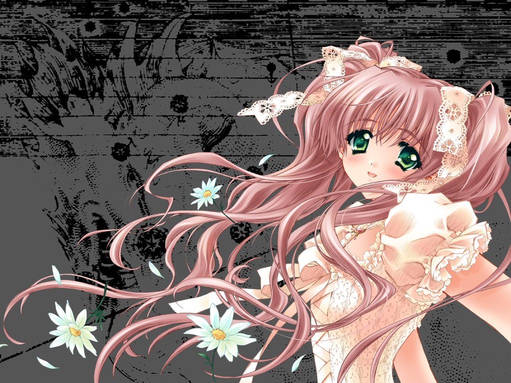 blush, dress, flower, frilled dress, frills, green eyes, long hair, pink hair, solo