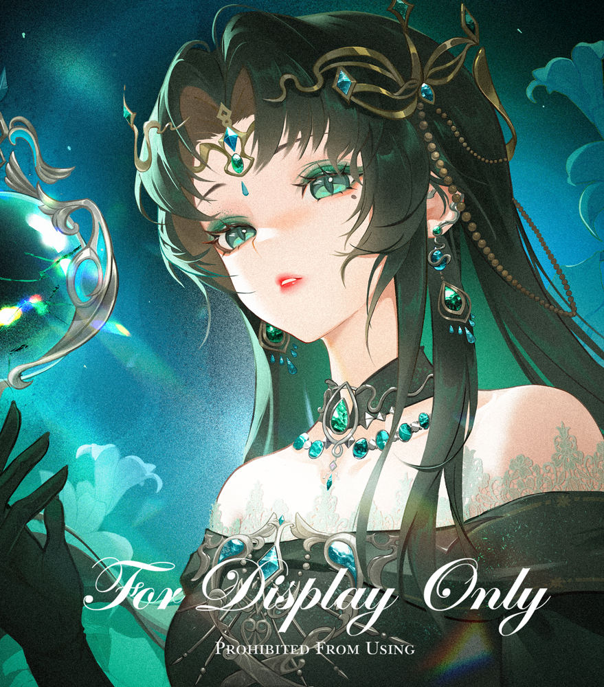 infinity nikki, nikki (series), chinese commentary, commentary request, commission, 1girl, aqua eyes, black choker, black dress, black gloves, black hair, blue sky, choker, circlet, colored inner hair, dress, earrings, expressionless, eyelashes, eyeshadow, flower, gem, gloves, gold circlet, green eyeshadow, green gemstone, green hair, jewelry, lace, lace-trimmed dress, lace trim, light particles, lily (flower), lipstick, long hair, looking at object, makeup, mole, mole under eye, multicolored hair, night, night sky, object floating above hand, off-shoulder dress, off shoulder, orb, outdoors, parted lips, red lips, sample watermark, single sidelock, sky, slit pupils, solo, teeth, tide of tears (infinity nikki), two-tone hair, upper body, very long hair, watermark, white flower, youyutiao