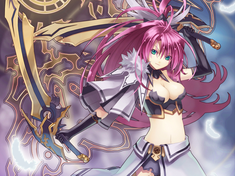 tagme, breasts, gloves, green eyes, long hair, purple hair, sword, weapon