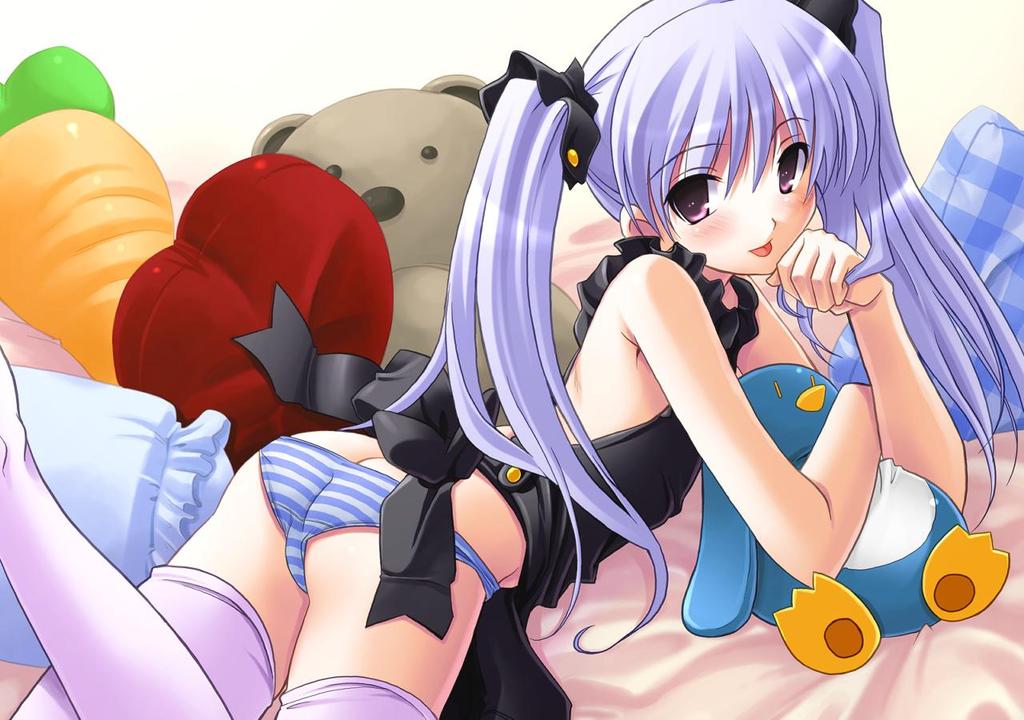 jpeg artifacts, apron, long hair, panties, purple hair, stuffed animal, stuffed toy, thighhighs, tongue, twintails, underwear