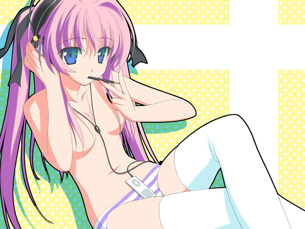 shida kazuhiro, charlott camile herlingum, wiz anniversary, 1girl, blue eyes, breasts, digital media player, female focus, food, headphones, ipod, long hair, navel, panties, pocky, purple hair, solo, thighhighs, underwear